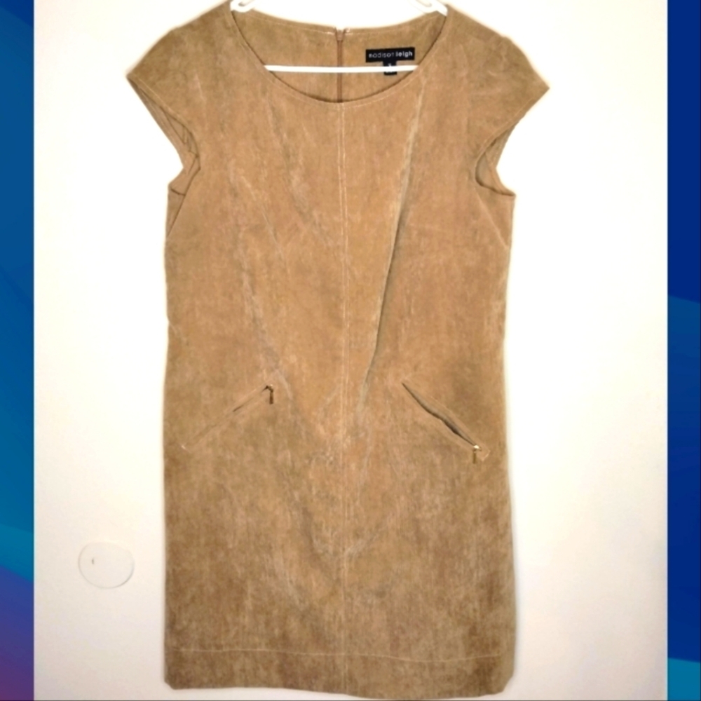 Madison Leigh (Size 12) Tan Brown Corduroy Ribbed Cap Sleeve Zip Pocket Dress